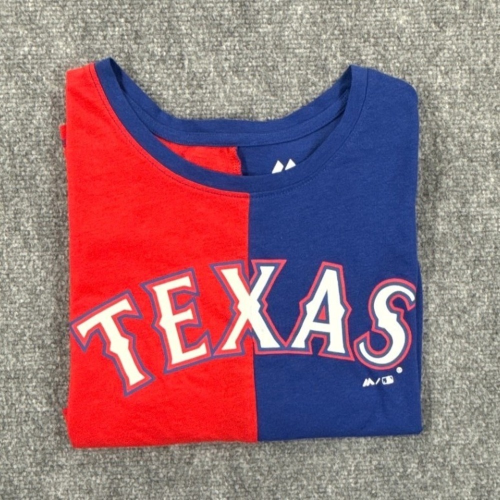 Majestic Texas Rangers Womens XL Two Tone Red Blue Graphic Crop Top T-Shirt